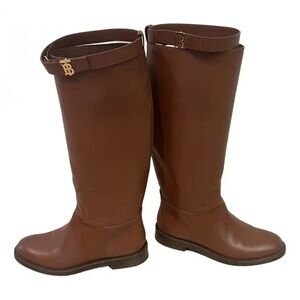 Burberry Brown Leather Knee-High Riding Boots with Gold TB Accent
